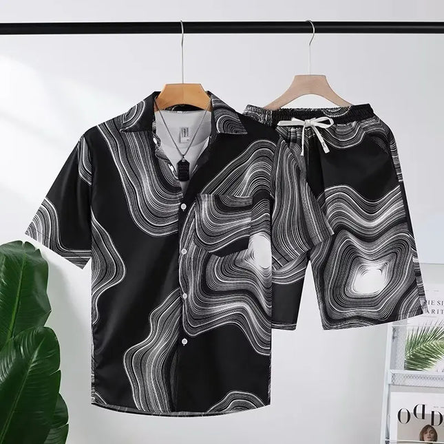Men's Two-Piece Loose Fit Tie-Dye Striped Shirt and Shorts Set