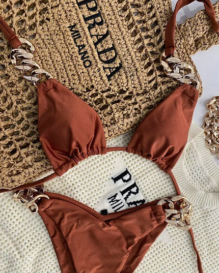 Women's Two-Piece Halter Bikini Set with Push-Up Triangle Top - Various Colors
