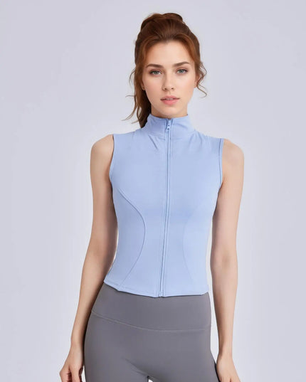 Women's Sleeveless Sports Vest with Thumb Hole Design and Zip-Up Closure