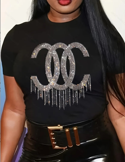 Womens Rhinestone T-shirt  - O-neck Elastic