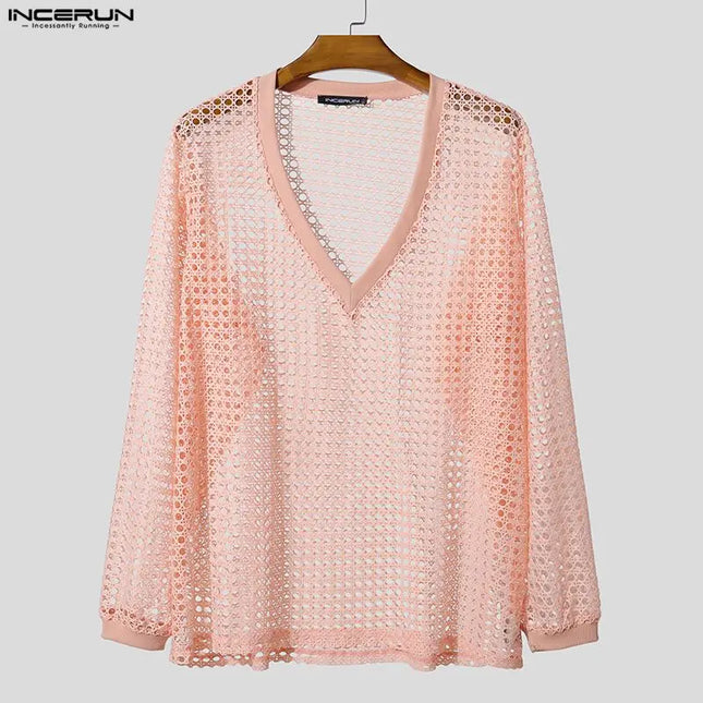 INCERUN Men's V-Neck Long Sleeve Hollow-Out Sweater