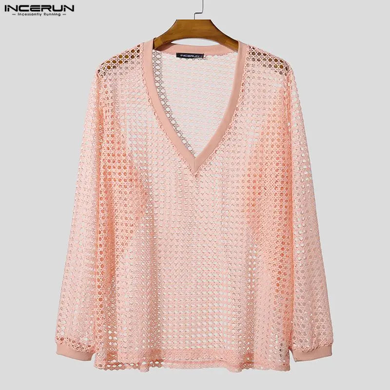 INCERUN Men's V-Neck Long Sleeve Hollow-Out Sweater