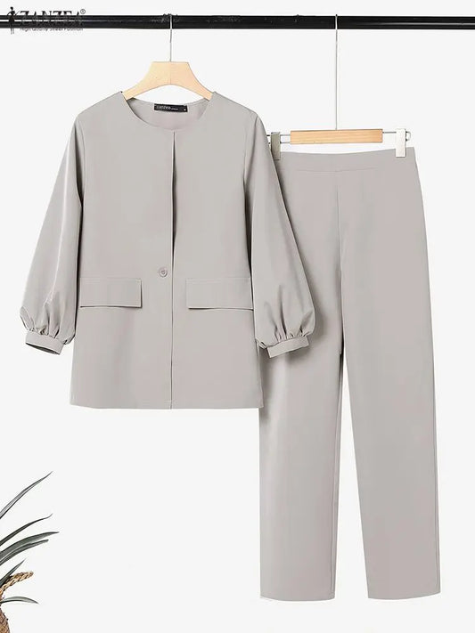 ZANZEA Women's 2-Piece Lantern Sleeve Blazer and Pants Set