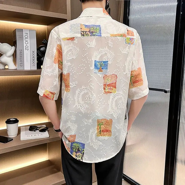 Men's Short Sleeve Floral Shirt - Loose Fit, Jacquard Design, Breathable Ice Silk