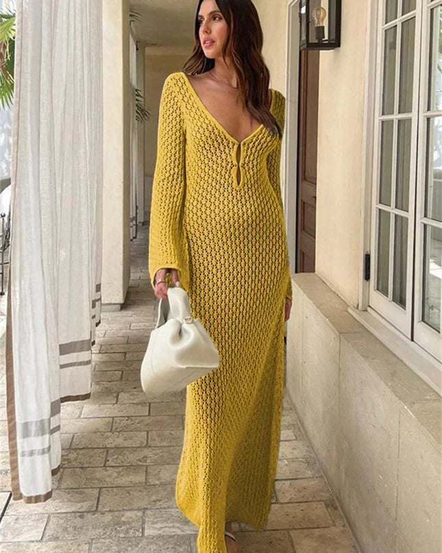 Women's Knitted Crochet Maxi Cover Up Dress - Hollow Long Sleeve & Backless