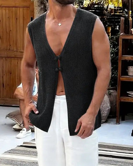 Men's Summer Tank Top with Solid Design, Hollow Out, See-Through Style, and Button Detail