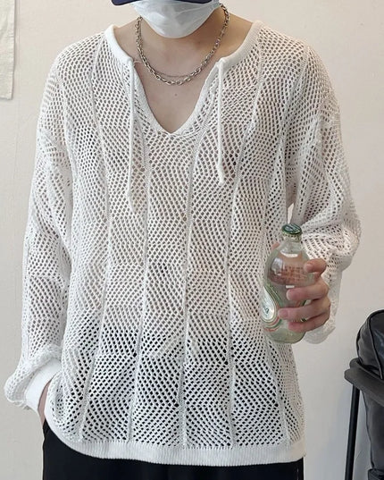 Men's Thin Hollow V-Neck Sweater - Loose Fit, Long-Sleeved