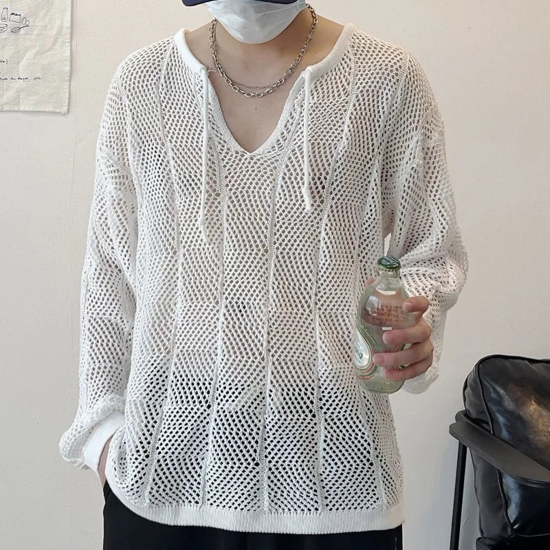 Men's Thin Hollow V-Neck Sweater - Loose Fit, Long-Sleeved