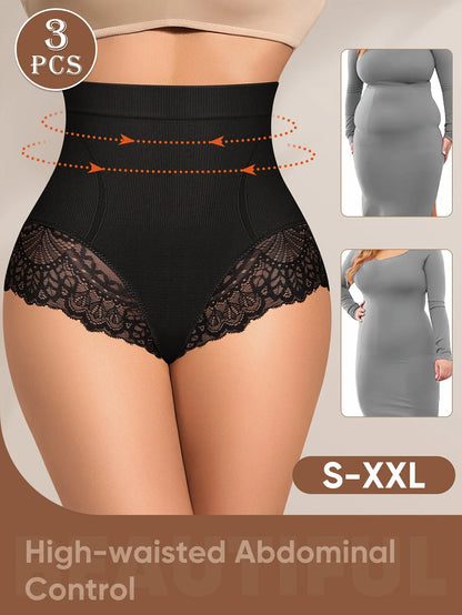 3-Piece Women's High-Waisted Tummy Control Seamless Shapewear with Lace Trim