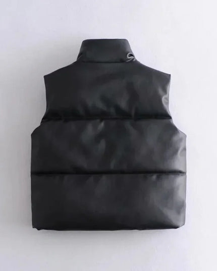 Women's PU Leather Stand Collar Vest Jacket with Zipper
