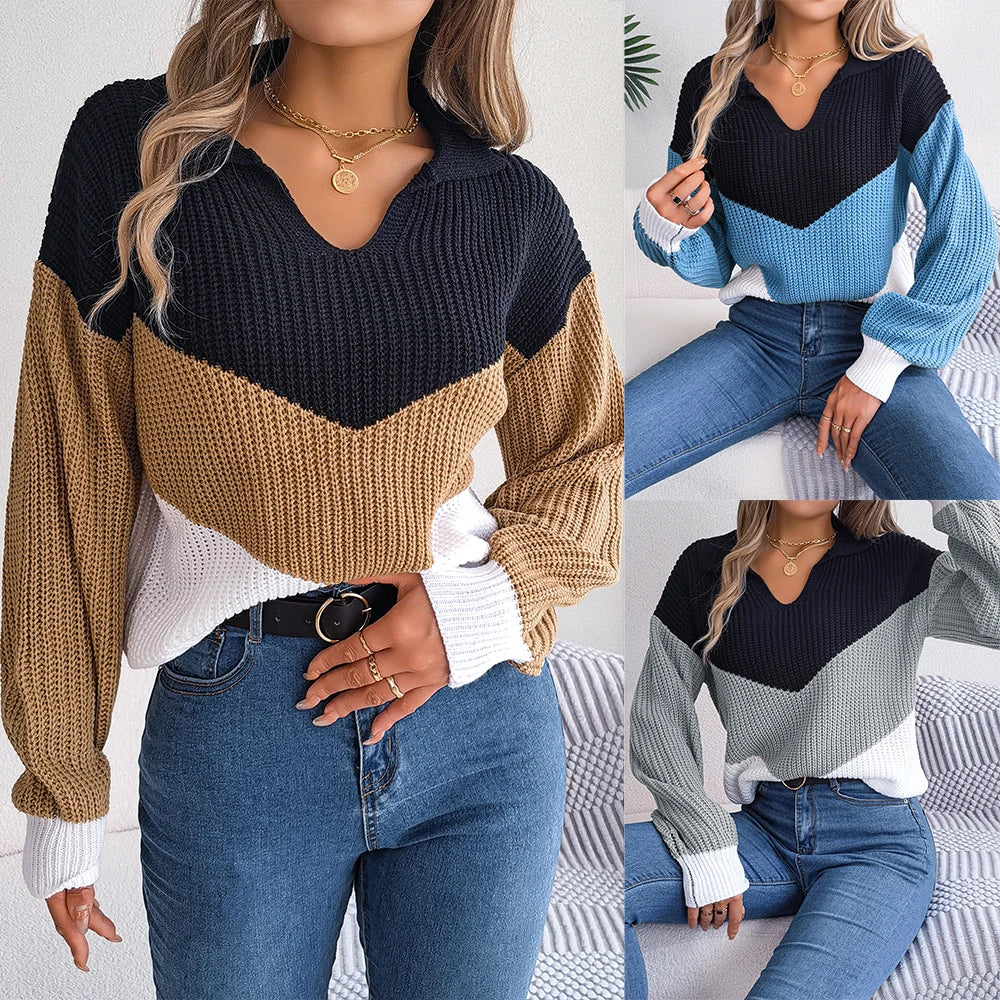 Multi-coloured Patchwork Long Sleeve Knitted Sweater for Women