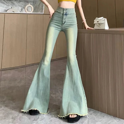 Women's Vintage High Waist Flare Jeans - Slim Fit Wide Leg Denim Pants