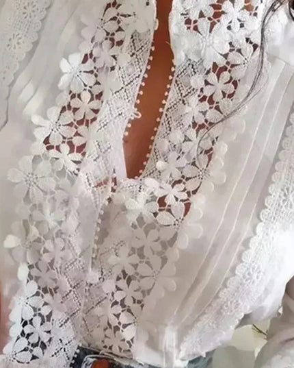 Women's White Blouse with Flower Hollow Stand Collar