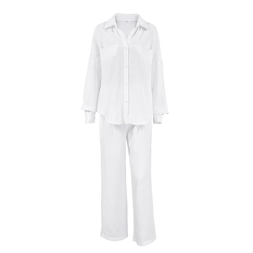 Women's Cotton Two-Piece Long Sleeve Loose Shirt and Pants Set