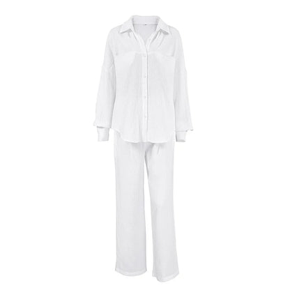 Women's Cotton Two-Piece Long Sleeve Loose Shirt and Pants Set