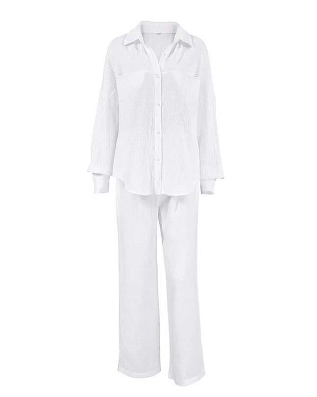 Women's Cotton Two-Piece Long Sleeve Loose Shirt and Pants Set