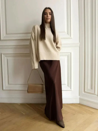 Faux Satin High-Waist Maxi Skirt for Women  - Casual and Loose Fit