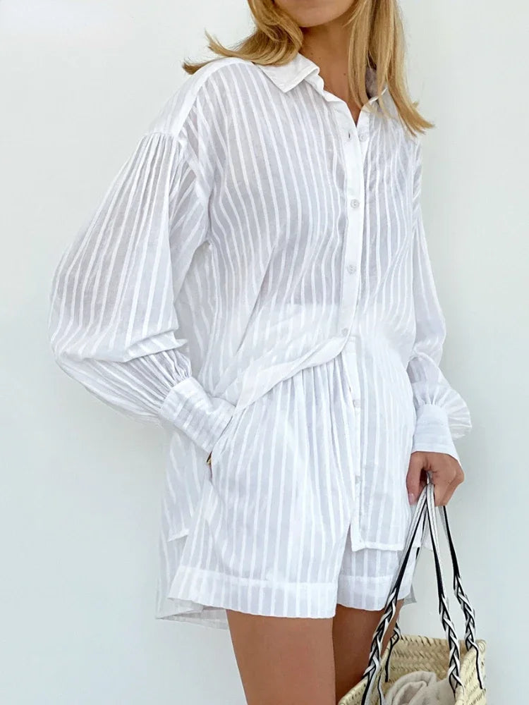 Women's Two-Piece Striped Jacquard Shirt and Elastic Waist Shorts Set