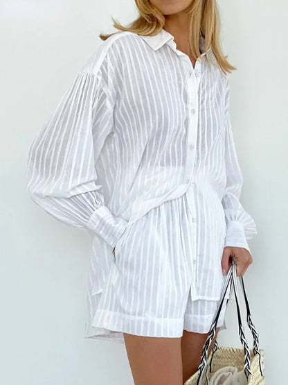 Women's Two-Piece Striped Jacquard Shirt and Elastic Waist Shorts Set