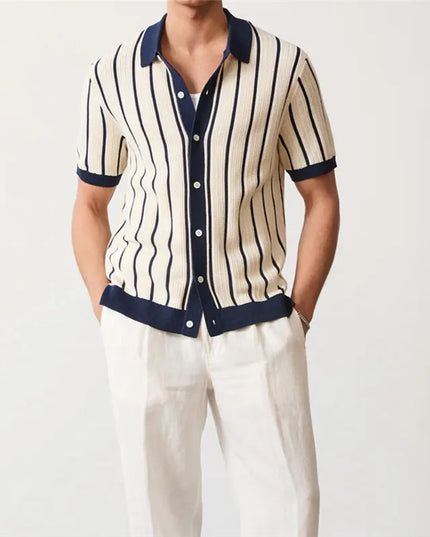 Men's Striped Knit Polo Shirt with Turn-Down Collar – Stylish Knitted Polo for Men