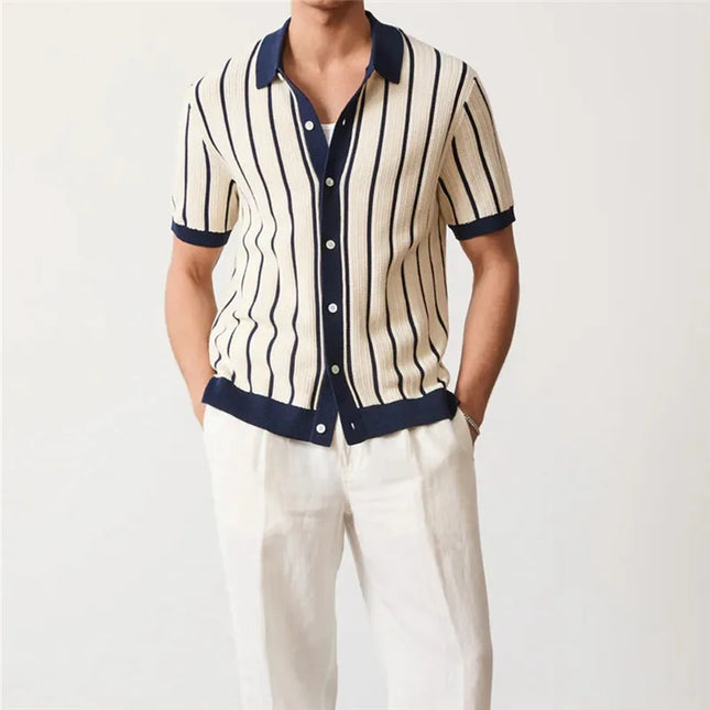 Men's Striped Knit Polo Shirt with Turn-Down Collar – Stylish Knitted Polo for Men