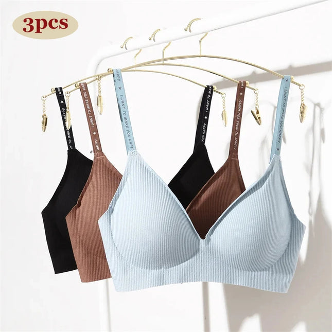 FINETOO 3-Piece Women's Striped Wireless Padded Deep V Bra with Breathable Design and Adjustable Straps