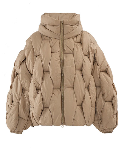 Unisex Thick Parka Jacket: Square Weave High Collar Warm Puffer Coat