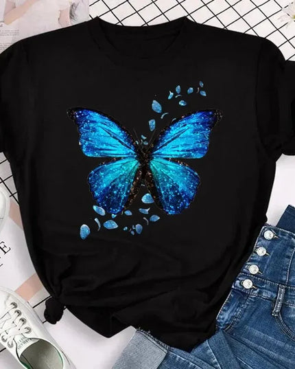 Women's Short Sleeve Round Neck T-Shirt with Colorful Butterfly Petal Print