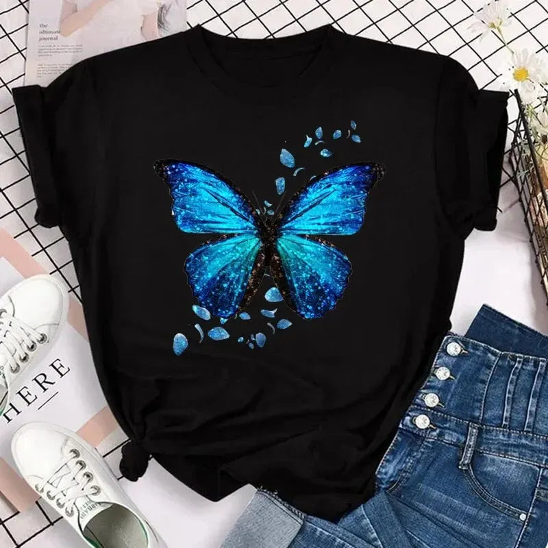 Women's Short Sleeve Round Neck T-Shirt with Colorful Butterfly Petal Print