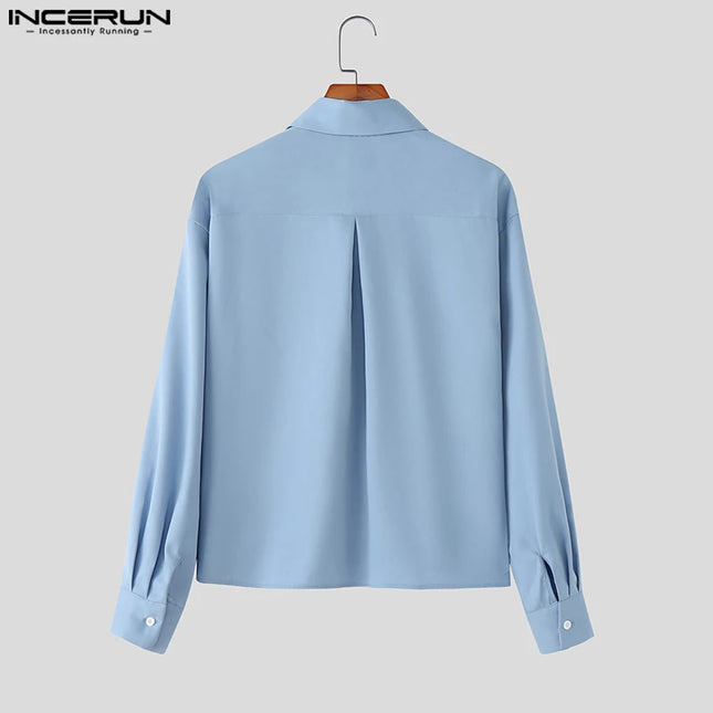 Incerun Men's Long Sleeve Lapel Shirt with Button Closure