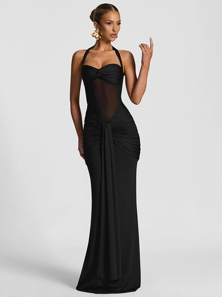 Elegant Women's Patchwork Maxi Dress with Sheer Ribbons, Halter Neck, Backless Bodycon Design