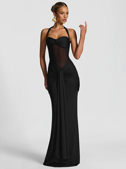Elegant Women's Patchwork Maxi Dress with Sheer Ribbons, Halter Neck, Backless Bodycon Design
