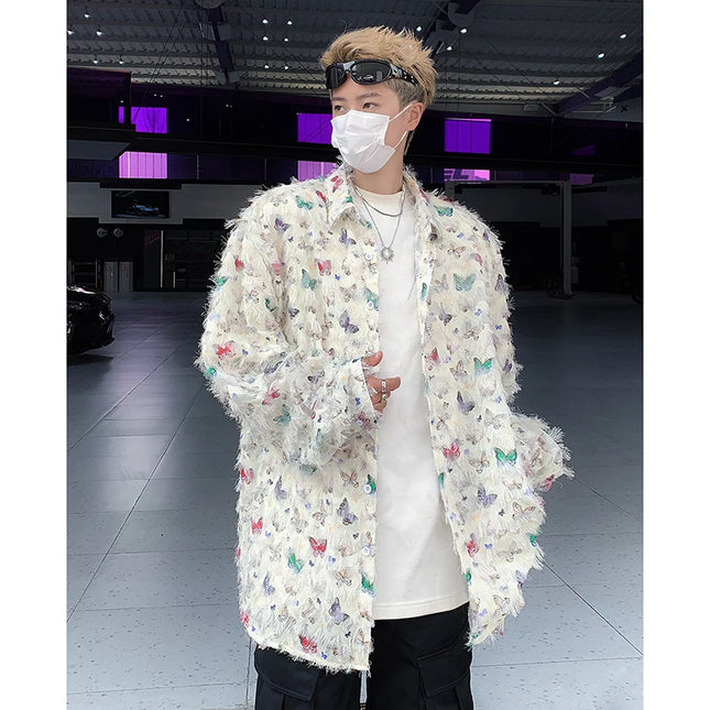 Men's Slim Fit Long Sleeve Shirt with 3D Butterfly Embroidery and Tassel Detailing