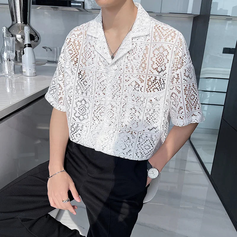 Retro Breathable Hollow Lace Collar Shirt for Men