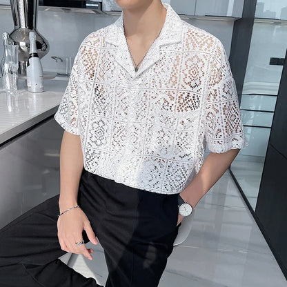 Retro Breathable Hollow Lace Collar Shirt for Men