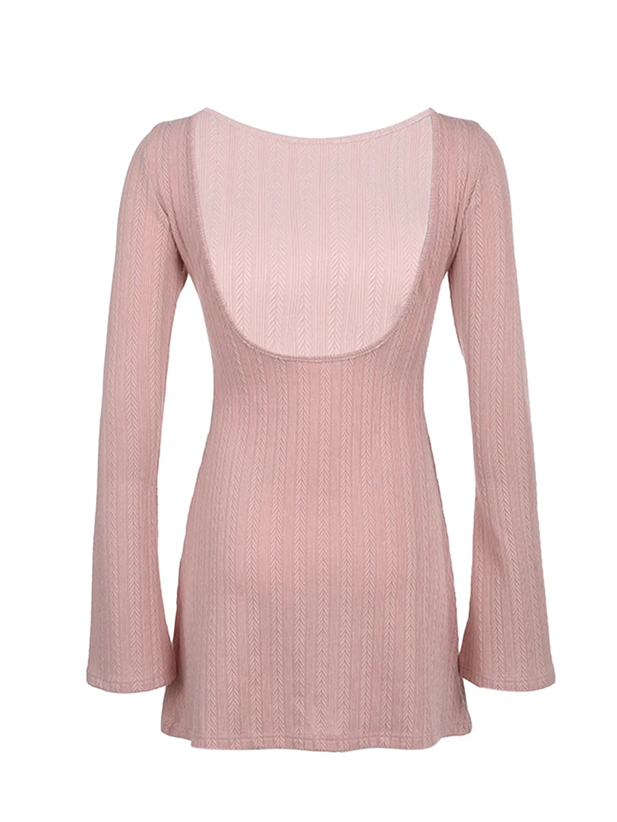 Women’s Long Sleeve Mini Dress with Crew Neck and Backless Design