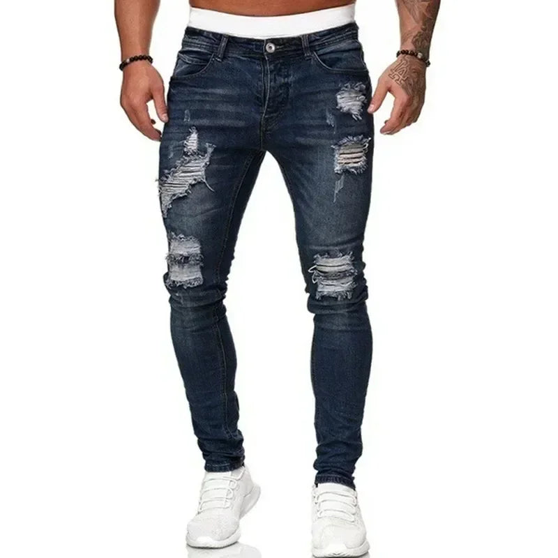 Men's Ripped Slim Fit Vintage Denim Jeans – Skinny Fit Mens Casual Ripped Jeans