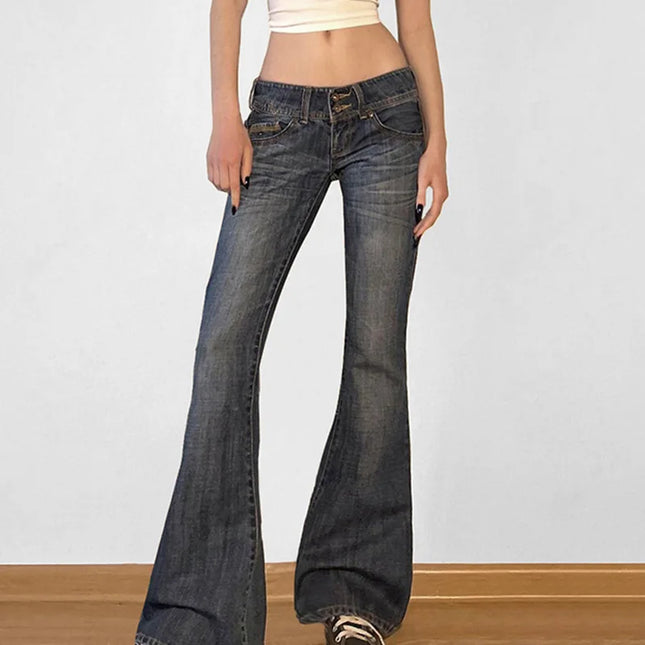Vintage Women’s Flare Jeans – Distressed Denim Trousers with Low Waist, Washed Finish