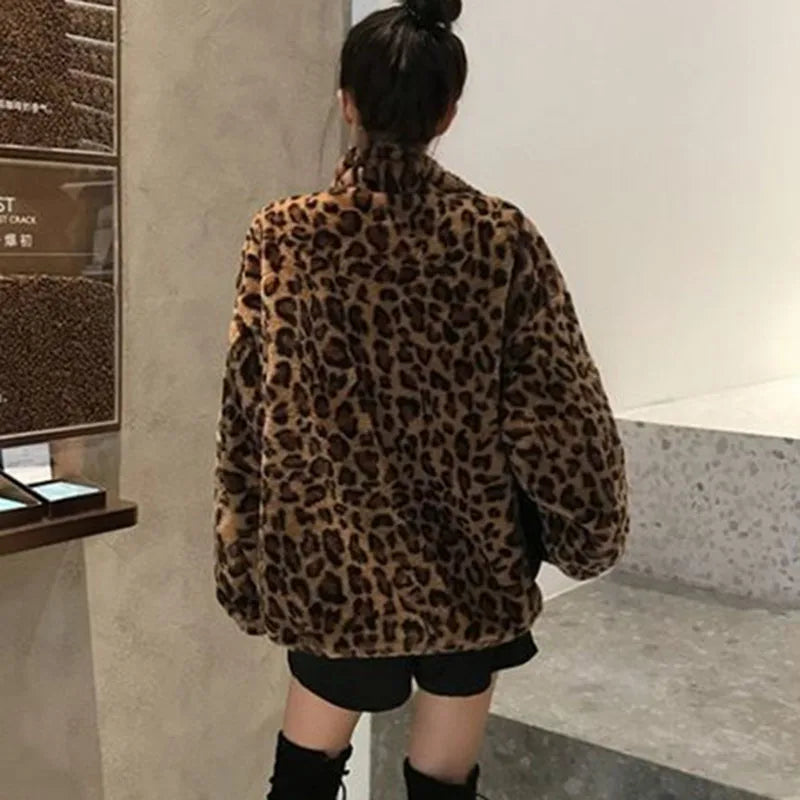 Women's Leopard Print Faux Mink Velvet Jacket - Imitation Mink Fur Coat for Women