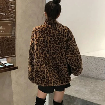 Women's Leopard Print Faux Mink Velvet Jacket - Imitation Mink Fur Coat for Women