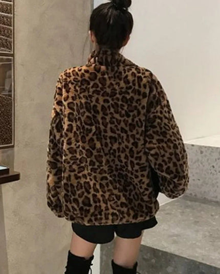 Women's Leopard Print Faux Mink Velvet Jacket - Imitation Mink Fur Coat for Women