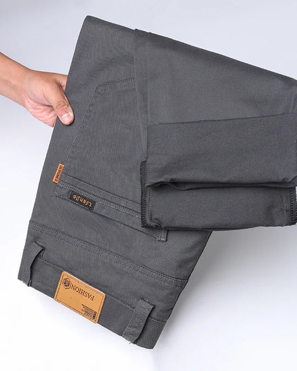 Men's Classic Slim Straight Trousers - Pure Cotton Stretch Pants