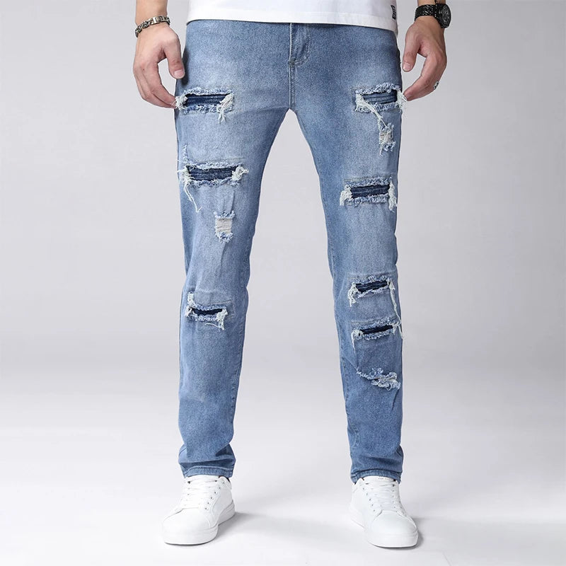 Men's Skinny Ripped Jeans with Medium Elasticity - Vintage Wash Denim Pants for Men