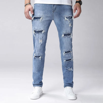 Men's Skinny Ripped Jeans with Medium Elasticity - Vintage Wash Denim Pants for Men