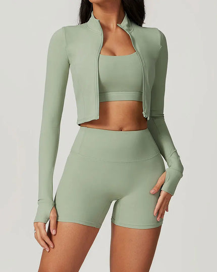 3-Piece Women's Workout Sets | Sportswear Gym Clothing with Zipper Long Sleeve Top & High-Waisted Leggings