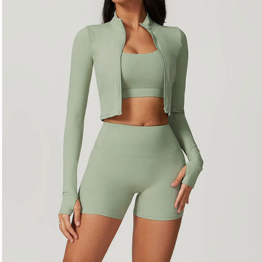3-Piece Women's Workout Sets | Sportswear Gym Clothing with Zipper Long Sleeve Top & High-Waisted Leggings