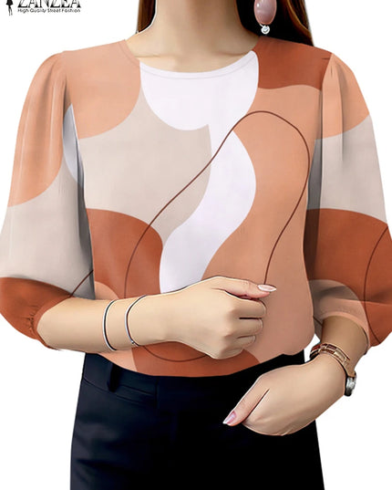 ZANZEA Women's Elegant Color-Blocked 3/4 Puff Sleeve Blouse