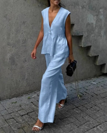 Women's 2-Piece V-Neck Backless Halter Lace-Up Vest with Straight Pants