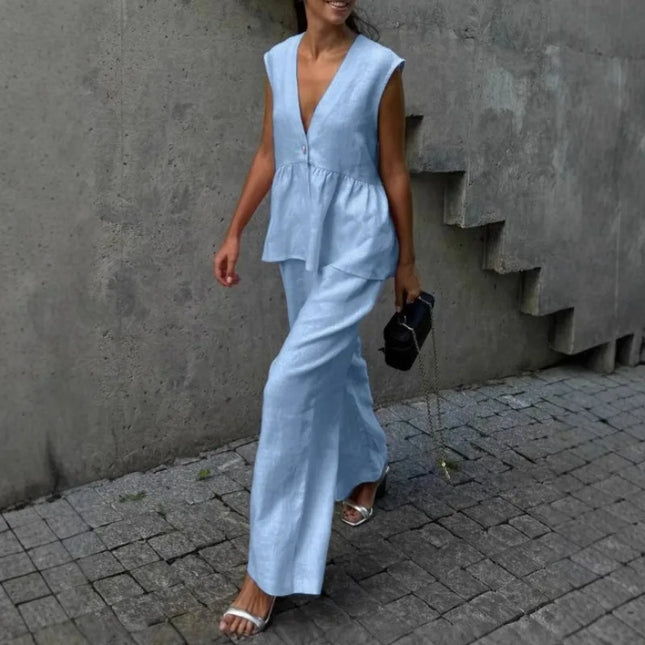 Women's 2-Piece V-Neck Backless Halter Lace-Up Vest with Straight Pants