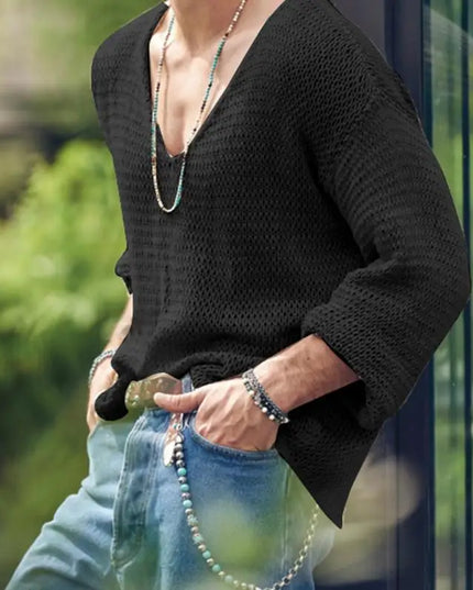 Men's Knit V-Neck Long Sleeve Hollow Out Loose Fit Sweater